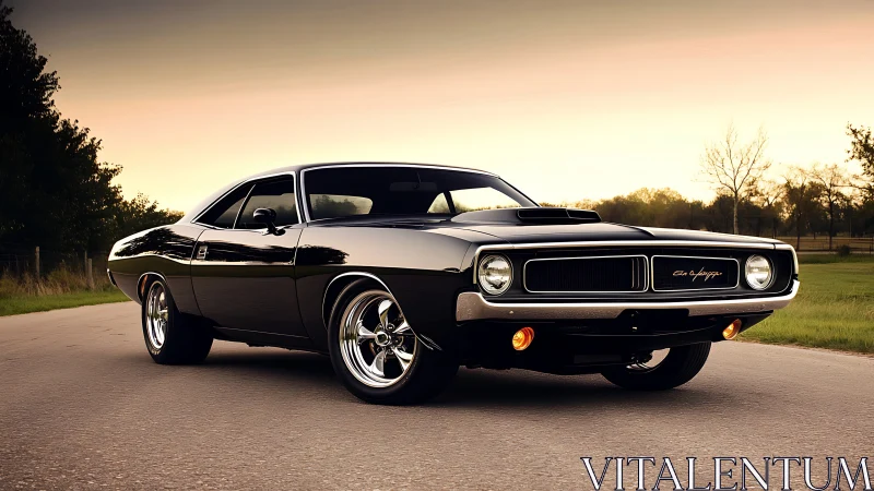 Sunset cruise with a glossy black classic muscle car.