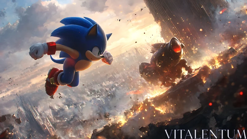 Blue anthropomorphic hedgehog confronting robotic foe midair.