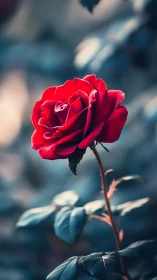 Crimson rose close-up with teal bokeh foliage background.