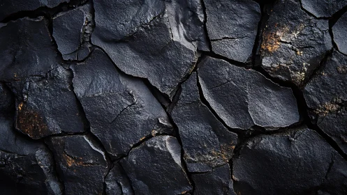 Close-up of dark cracked stone texture in dramatic lighting.
