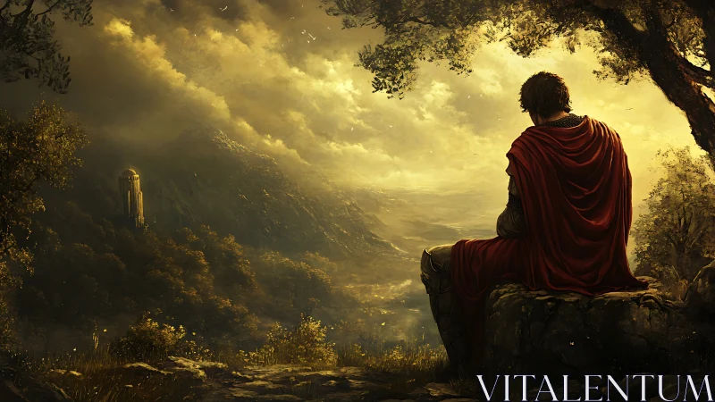 Solitary red-cloaked wanderer weighs the road to the tower