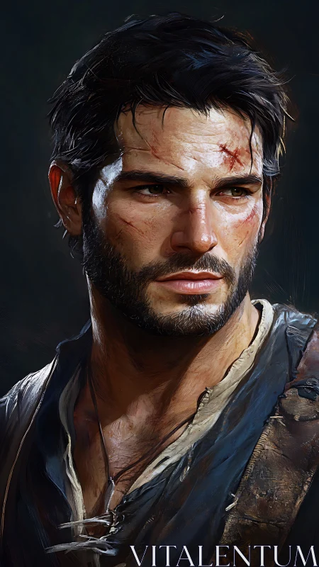 Battle-worn wanderer studies the horizon with quiet fire.