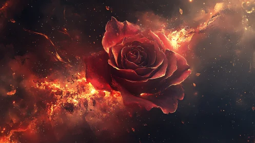 Fiery crimson rose suspended in cosmic ember nebula.
