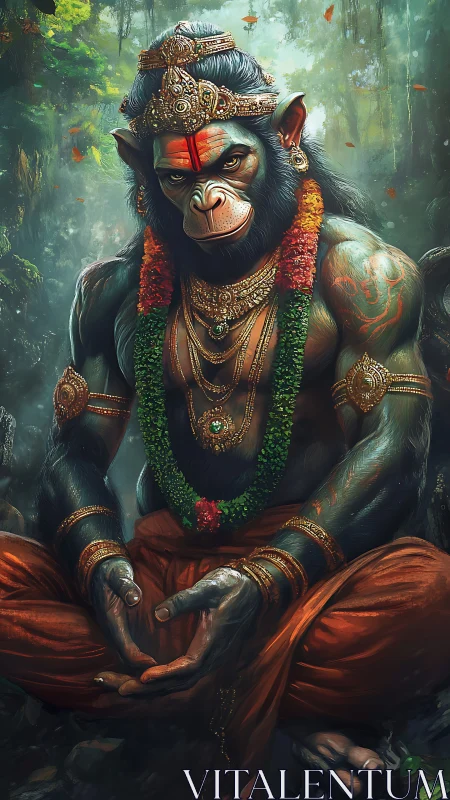 Simian humanoid deity figure seated in forest setting.