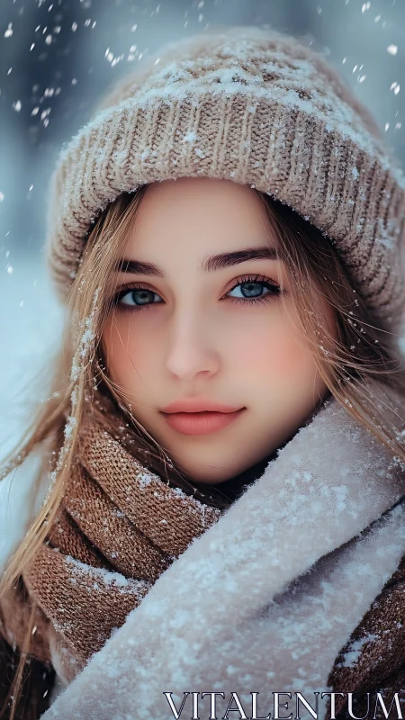 Photorealistic winter portrait with shallow-depth focus rendering.