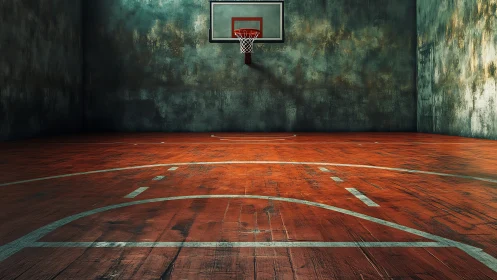 Indoor basketball court with worn floor and single hoop.