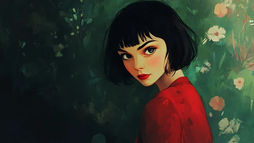 Portrait of dark-haired woman in red against floral green field.