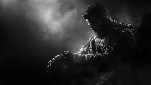Brooding tactical warrior resting in stormlit shadow haze.