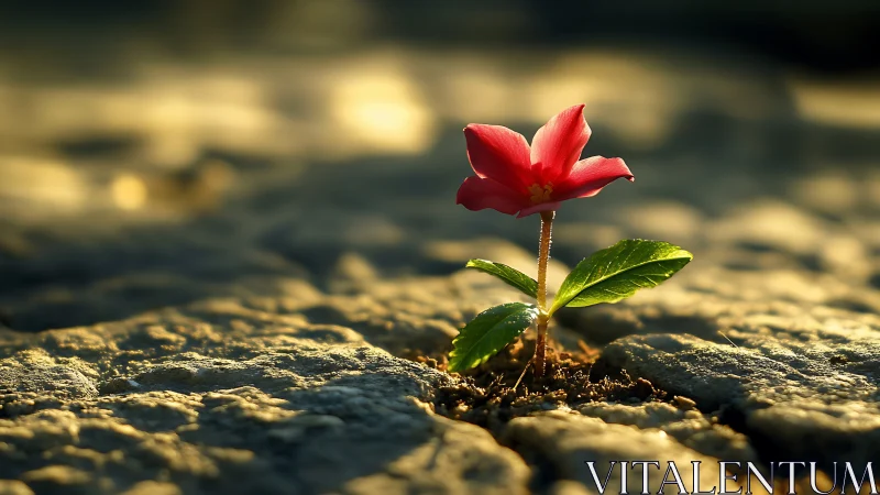 Lone crimson flower defies cracked stone in molten dawn light.