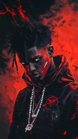 Hooded street figure in red-black digital portrait lighting