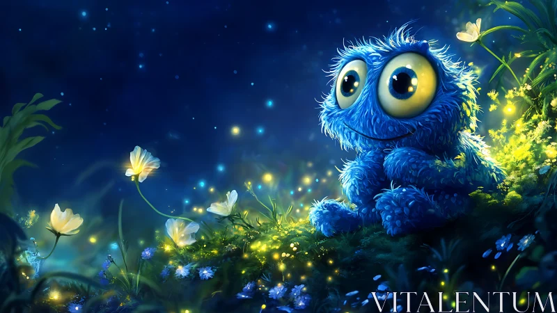 Blue furry creature watches fireflies in glowing night meadow