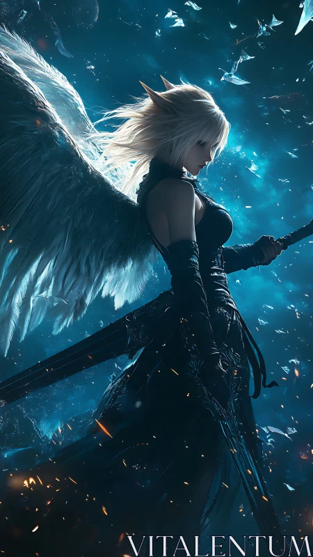 Winged warrior in luminous cosmic storm of shattered light.