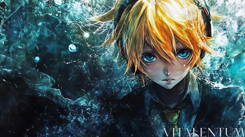 Ice-laced blue void with headphone-wearing blond anime teen