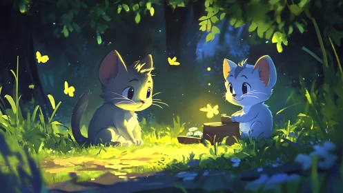Luminous Whispers: Two Kits Share Enchanted Firefly Secrets.