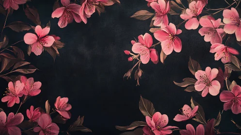 Pink Cherry Blossoms Against Deep Charcoal. Digital Floral Botanical Design.
