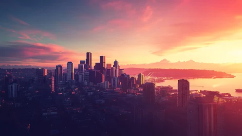 Neon-lit coastal skyline under vivid sunset gradients.