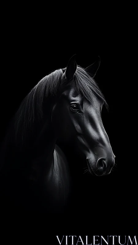 Black horse head in side profile on uniform dark background.