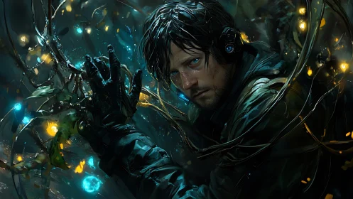 Male figure with tech headset amid glowing cables and foliage.