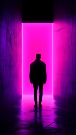 Silhouette stands before neon magenta doorway in dark corridor