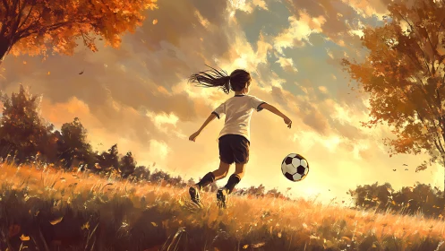 Girl running after soccer ball in autumn field at sunset.
