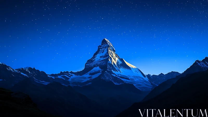 Starlit alpine peak rises calmly under a deep sapphire sky