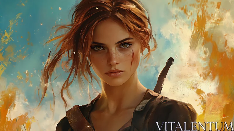 Battle-worn heroine rendered in high-detail painterly portrait lighting