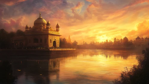 Golden riverside temple glows beneath a luminous sunset sky.