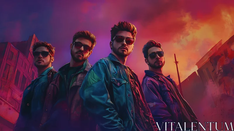 Neo-noir urban quartet stands against hyper-saturated dusk sky