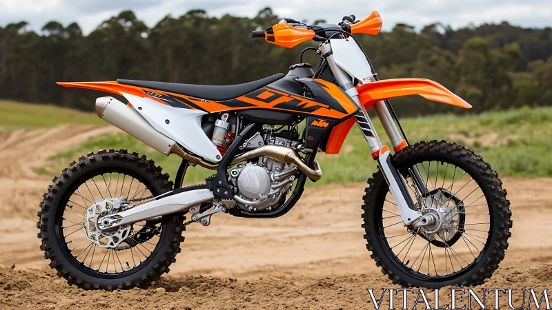 Orange off-road dirt bike stands ready on sandy trail.