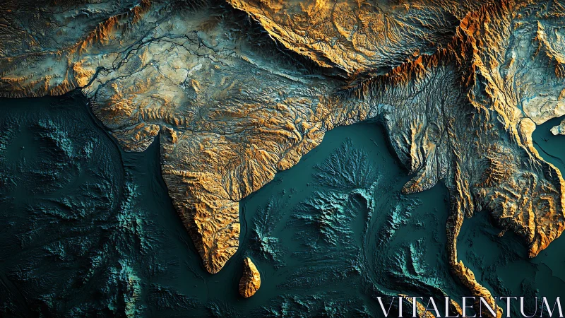 Golden relief map reveals India and neighbors in warm light
