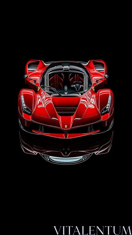 Front view of red sports car with reflective black ground.