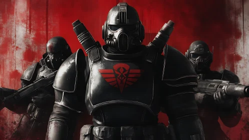 Armored shock troopers in black armor before red wall.