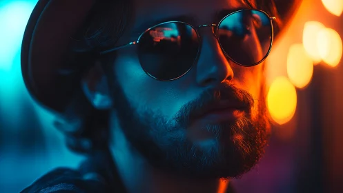 Bearded man in sunglasses under blue and orange neon light.