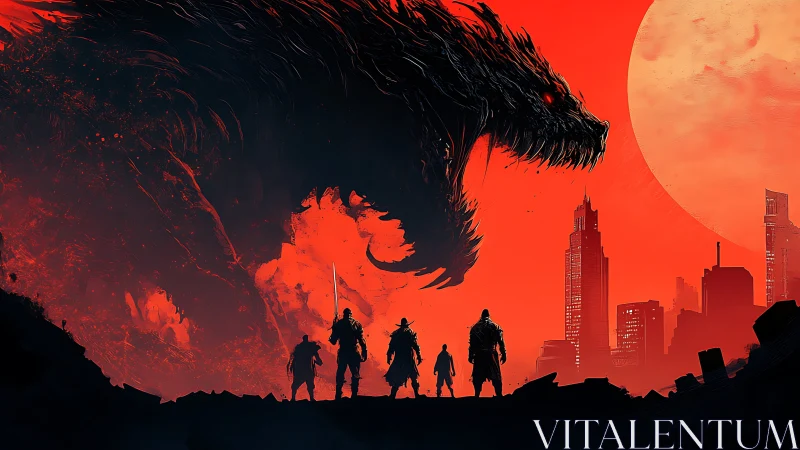 Warriors confront colossal dragon above a burning cityscape