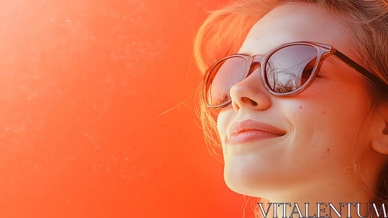 Sunlit closeup portrait with reflective sunglasses on orange.