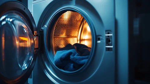 Dryer operating with blue textiles visible through heated drum