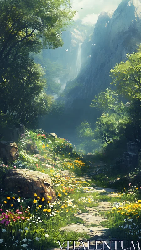 Mountain forest path with wildflowers and distant waterfall.