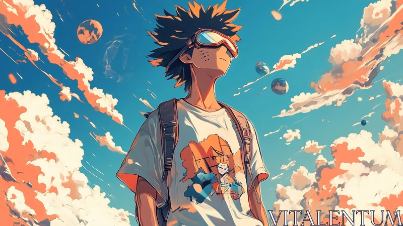 Skyward dreamer gazes into bright clouds and distant worlds