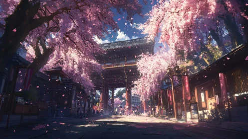 Cherry blossom lined temple street frames distant city view