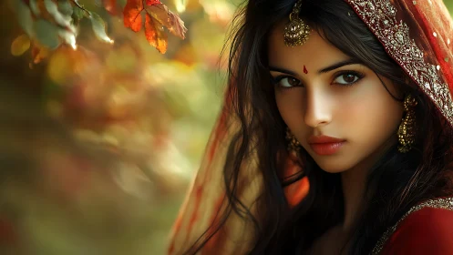 Digital portrait of woman in red veil with gold jewelry.