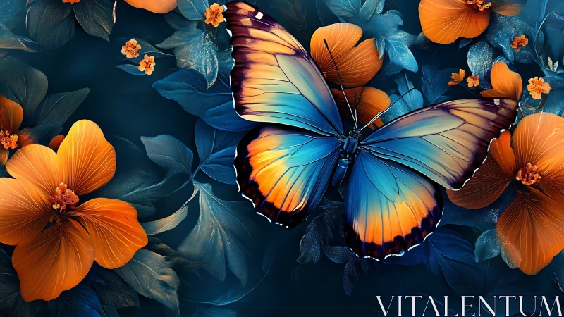 Blue morpho butterfly rests among vivid orange flowers