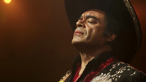 Studio close-up portrait of male singer in sequined costume