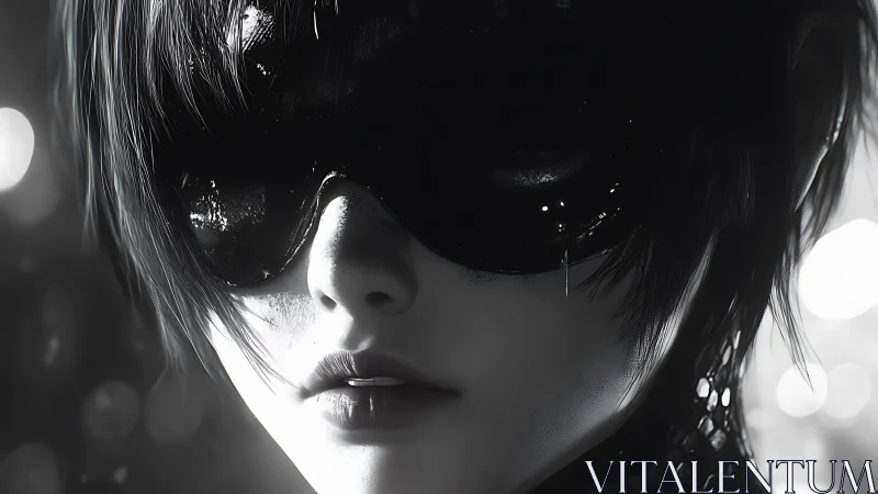 Monochrome close-up isolates masked cyber portrait with specular detail