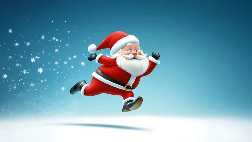 Joyful cartoon Santa runs through sparkling winter snow
