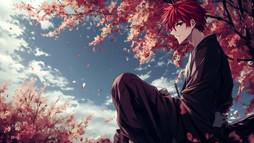 Red haired wanderer resting beneath drifting sakura sky.