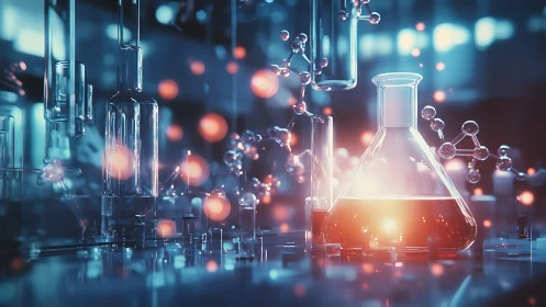 Futuristic chemistry lab glows with molecular light dynamics.