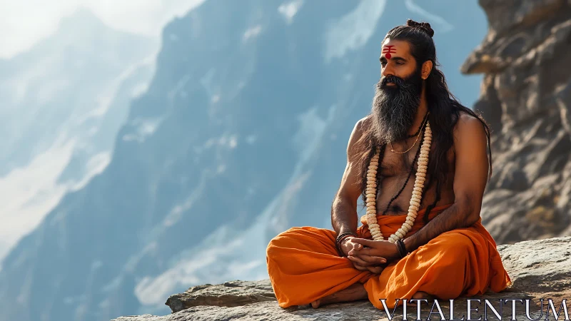 Mountain sage meditates on cliff ledge above misty valley