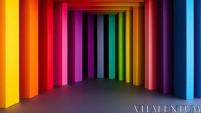 Rectilinear corridor uses vertical rainbow panels in sequence