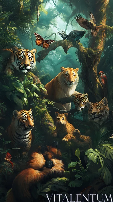 Multiple wild cats and birds in dense jungle canopy