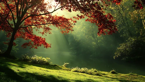 Golden morning light pours through maple leaves by a quiet pond